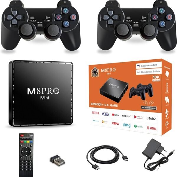 M8 Pro Mini - 2in1 Tv Box 4K Android et console de jeu +15000 Jeux rétro avec 2 mannette sans fil