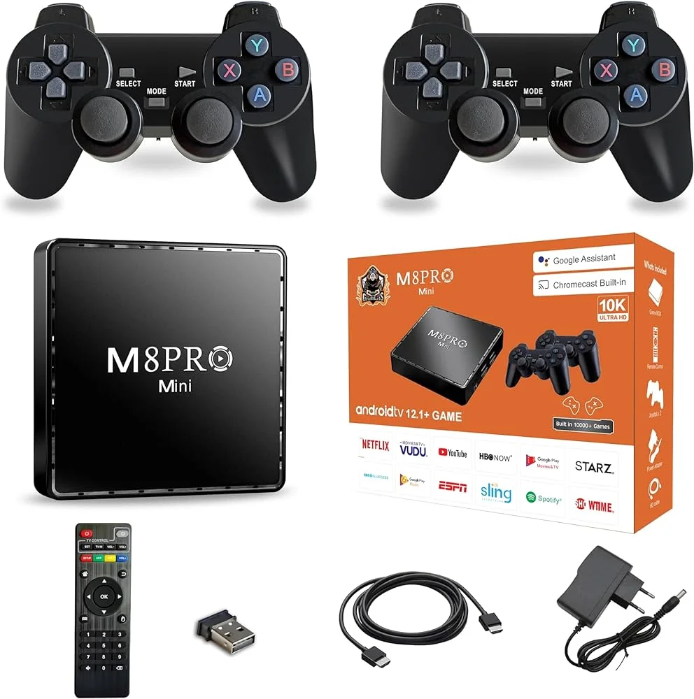 m8 M8 Pro Mini - 2in1 Tv Box 4K Android et console de jeu +15000 Jeux rétro avec 2 mannette sans fil – Image 1